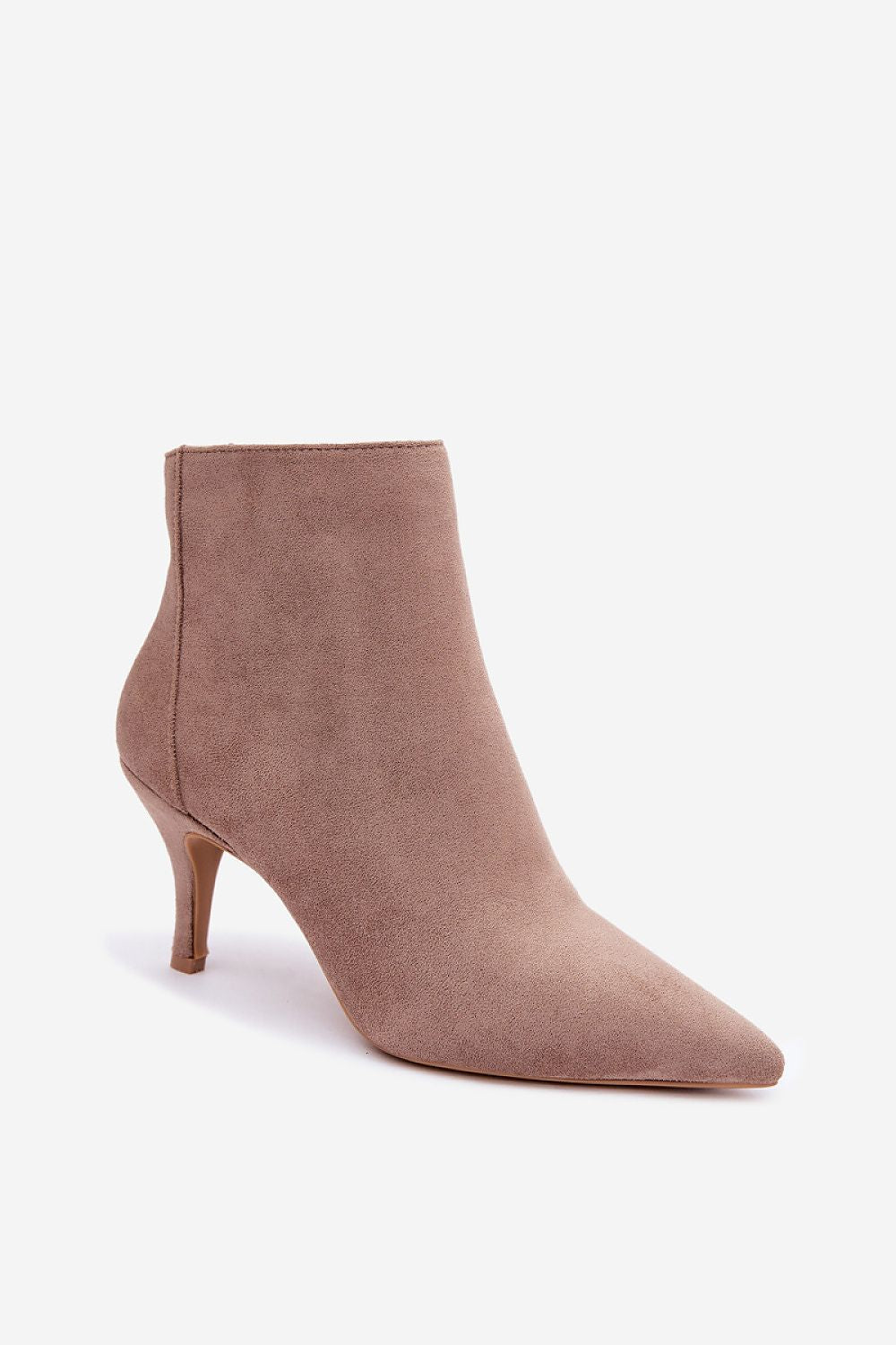 A single pointed-toe ankle boot in dusty rose pink suede with a slim kitten heel, shown against a plain white background.