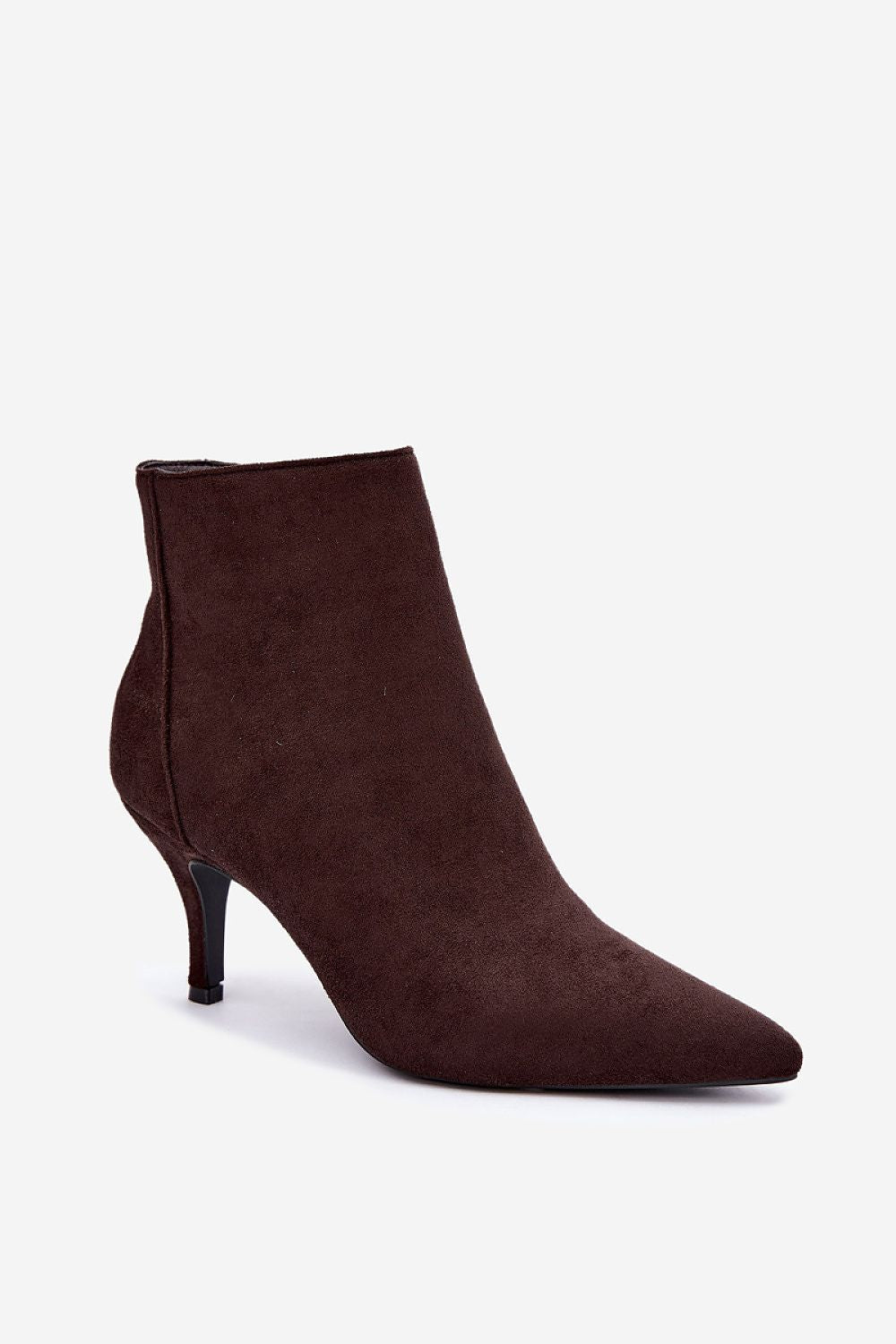 A single dark brown suede ankle boot with a pointed toe and a slim high heel, shown from a side profile on a light gray background.
