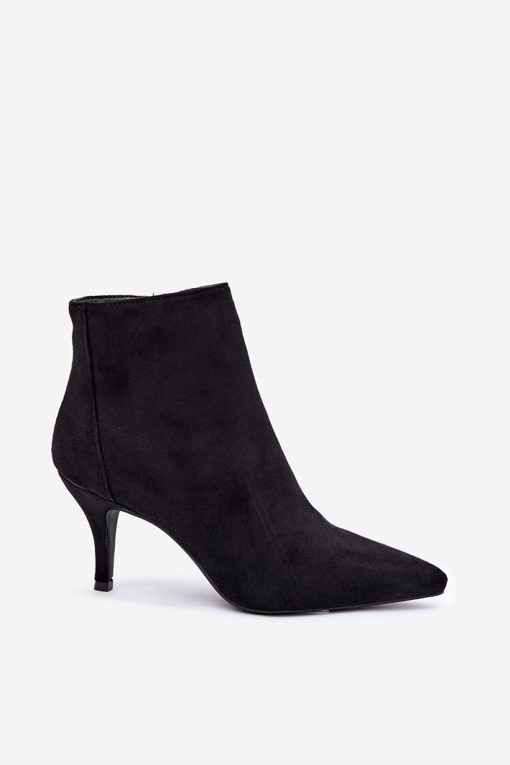 A single black suede ankle boot with a pointed toe and a slim kitten heel, shown from a side profile on a light gray background.