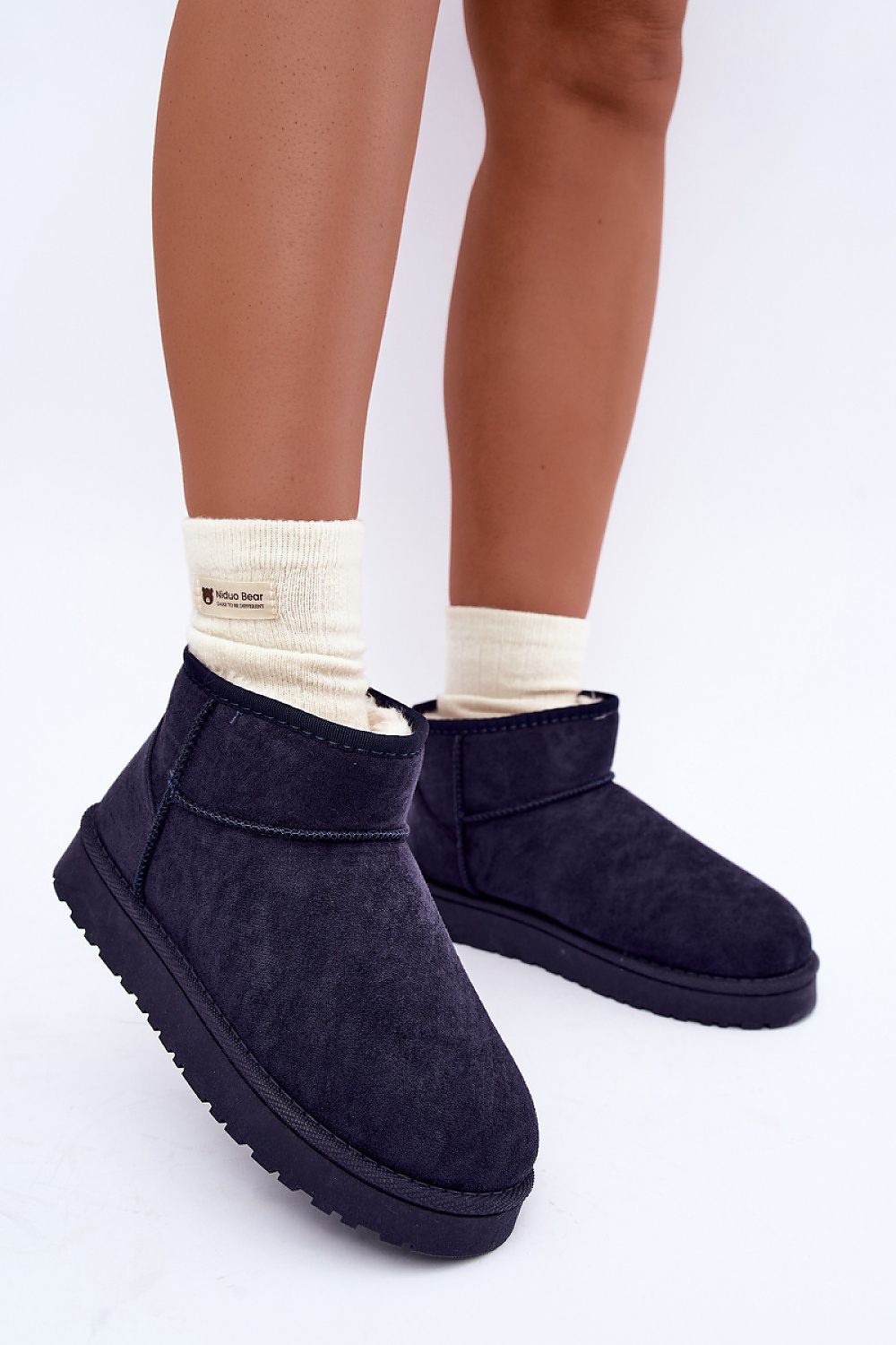   women's slip-on snow boots with thick fur lining and rubber sole navy