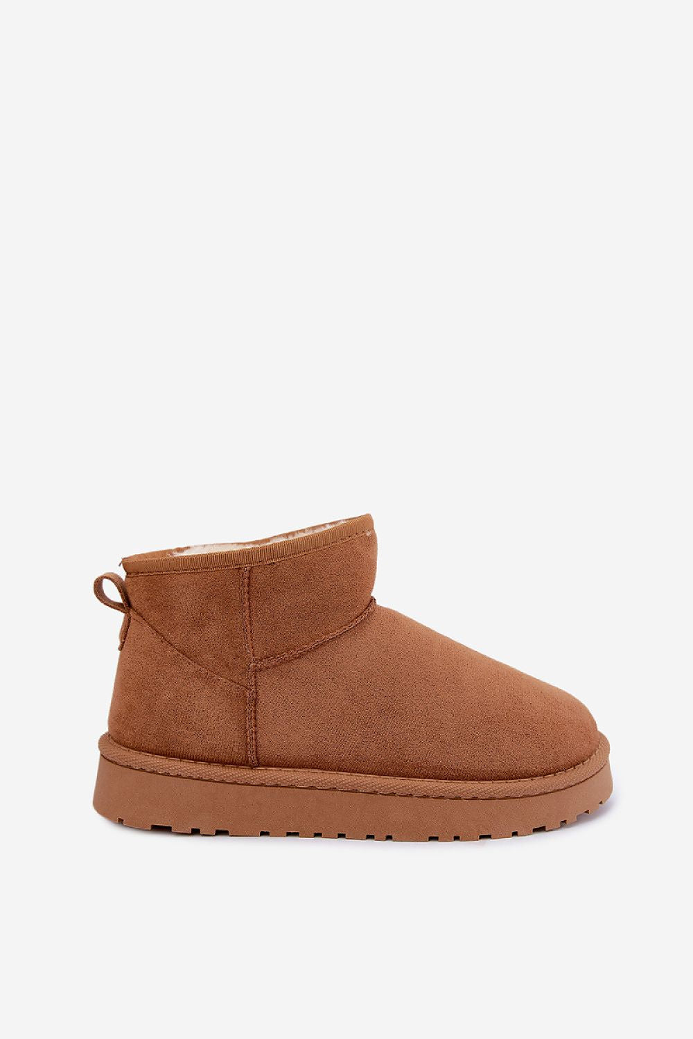 A single brown suede ankle boot with a pull tab on the heel, shown in a side profile against a plain light gray background.