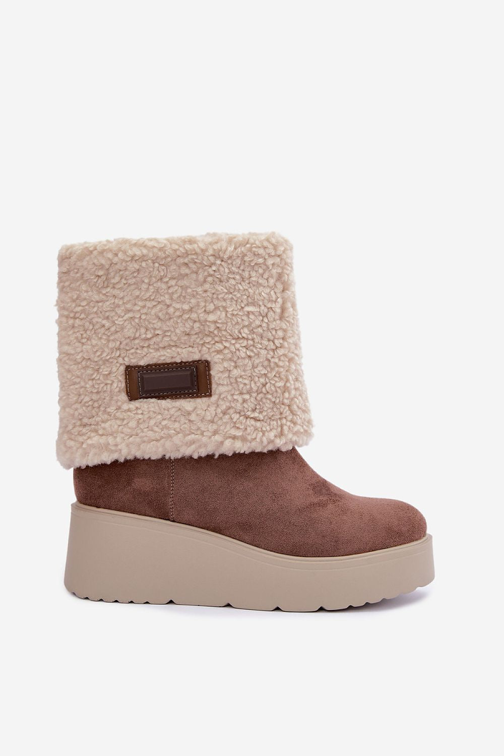 A single mid-calf platform boot with a brown suede upper, beige sherpa fleece cuff, and beige platform sole, shown against a plain light gray background.