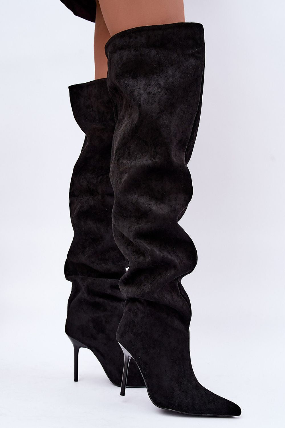  Black faux-suede women's slouch boots with pointed toes and stiletto heels