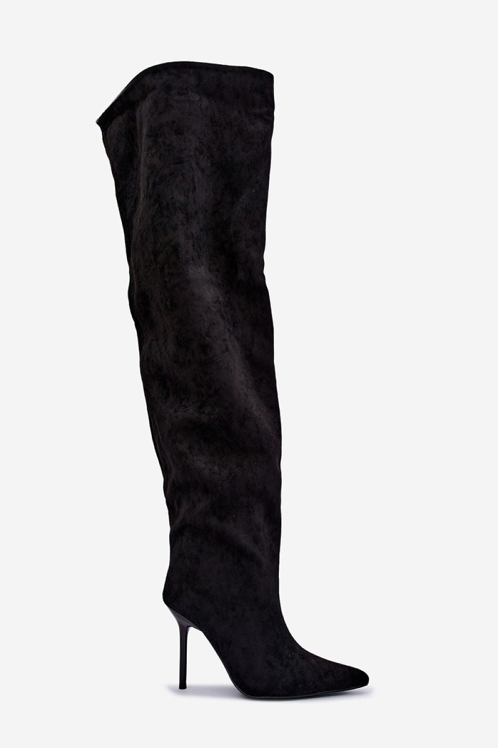 A single black over-the-knee boot with a pointed toe and slim high heel, shown in profile against a plain light gray background.