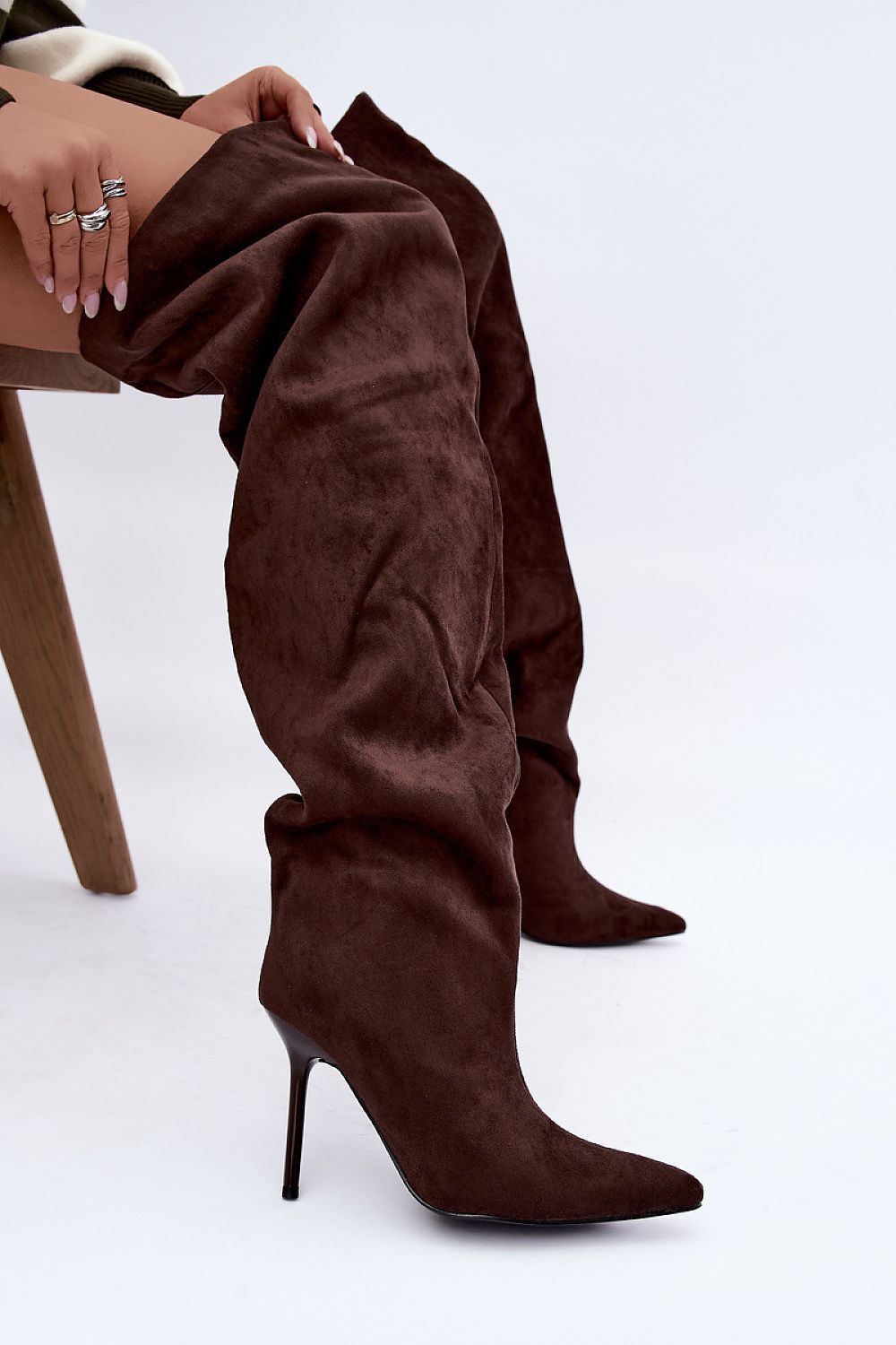  Brown faux-suede women's slouch boots with pointed toes and stiletto heels