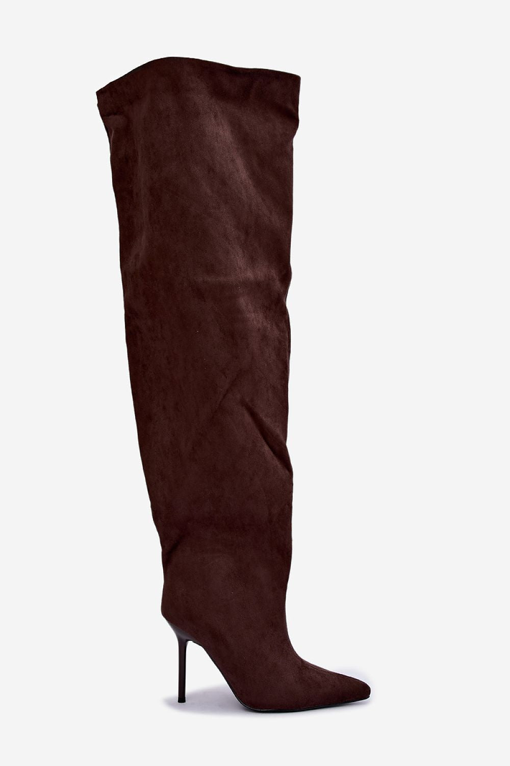 A single dark brown suede over-the-knee boot with a pointed toe and slim high heel, shown in profile against a light gray background.
