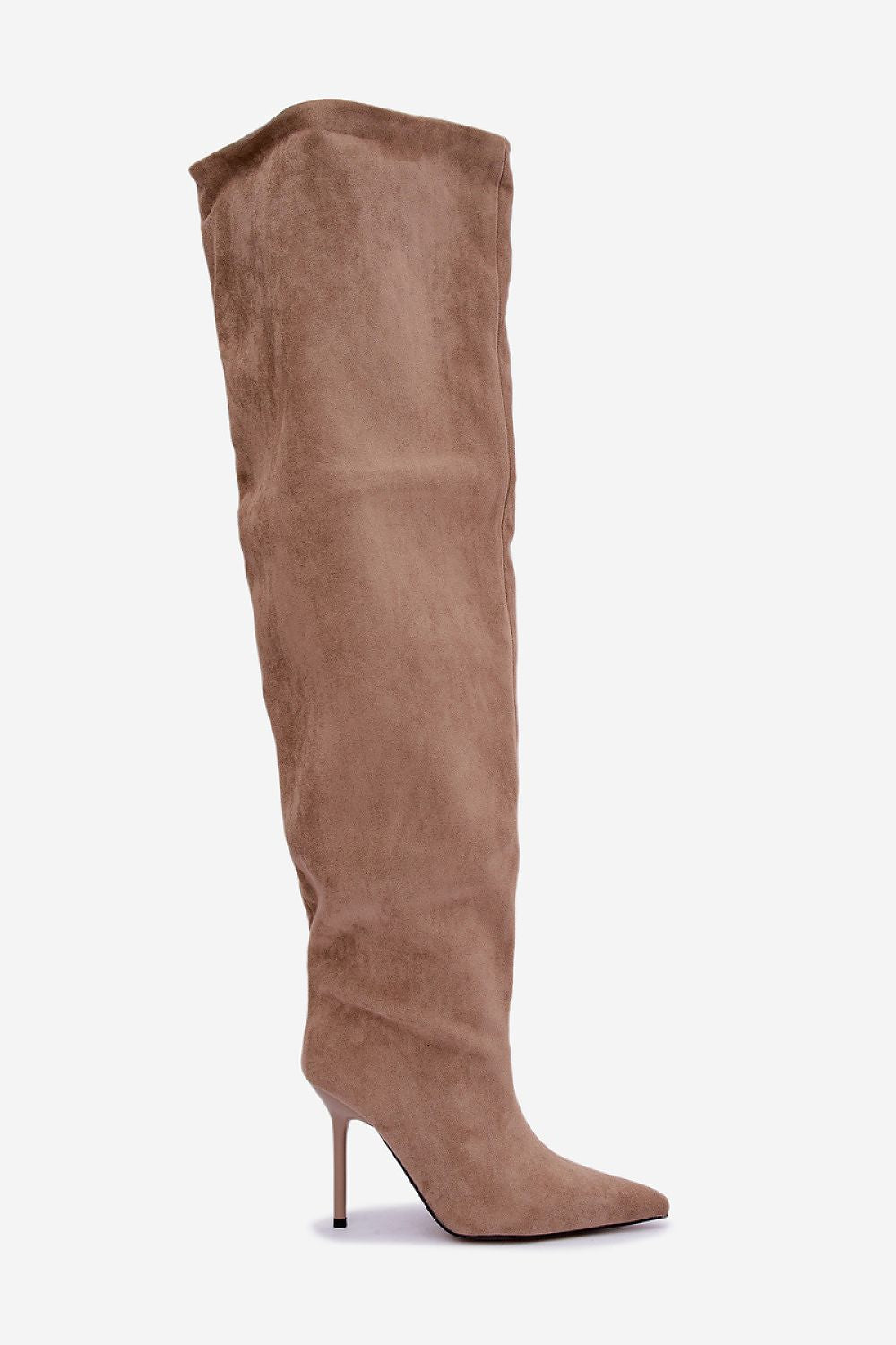 A single knee-high suede boot in a taupe brown color, featuring a pointed toe and a slim stiletto heel, shown against a plain light gray background.