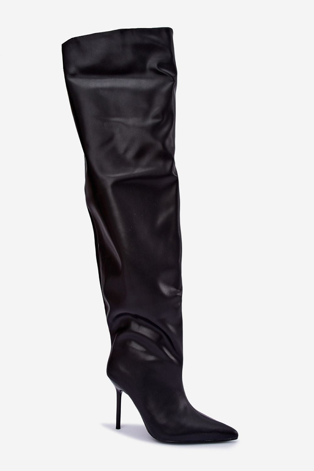 A single black over-the-knee boot with a pointed toe and slim stiletto heel, shown against a plain light gray background.