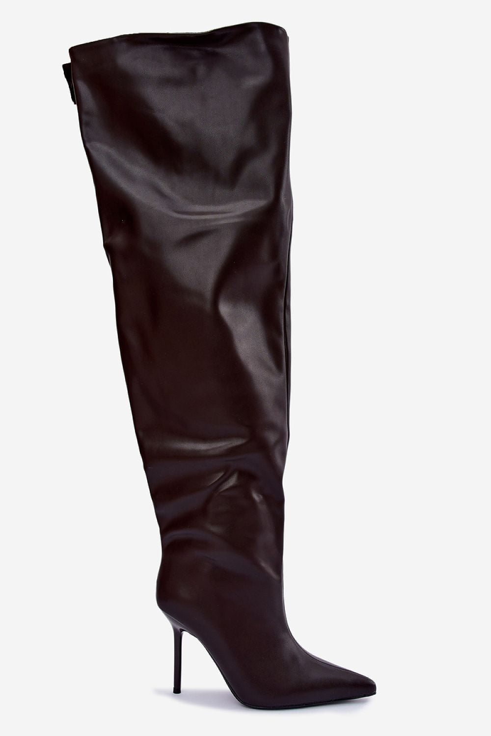  Brown faux-leather women's slouch boots with pointed toes and stiletto heels