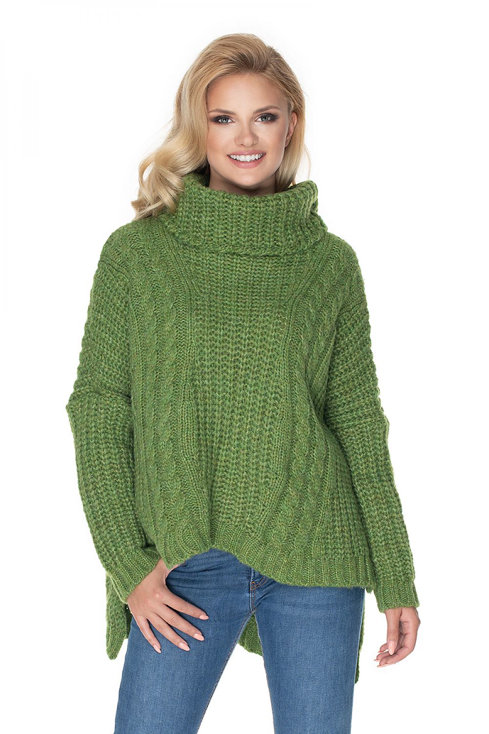 Woman wearing a green knitted sweater on a white background