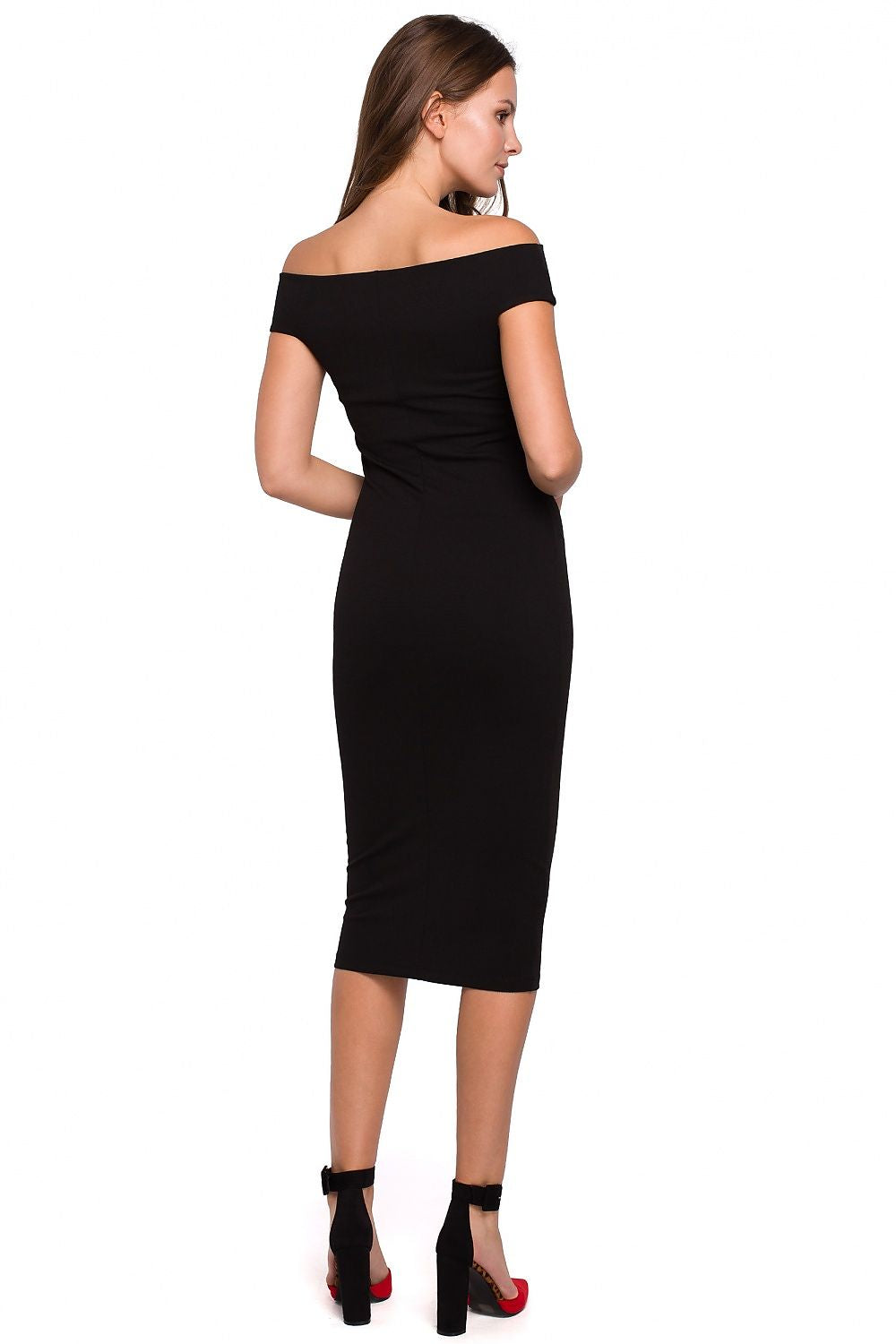 Black off-shoulder dress worn by a model on a white background