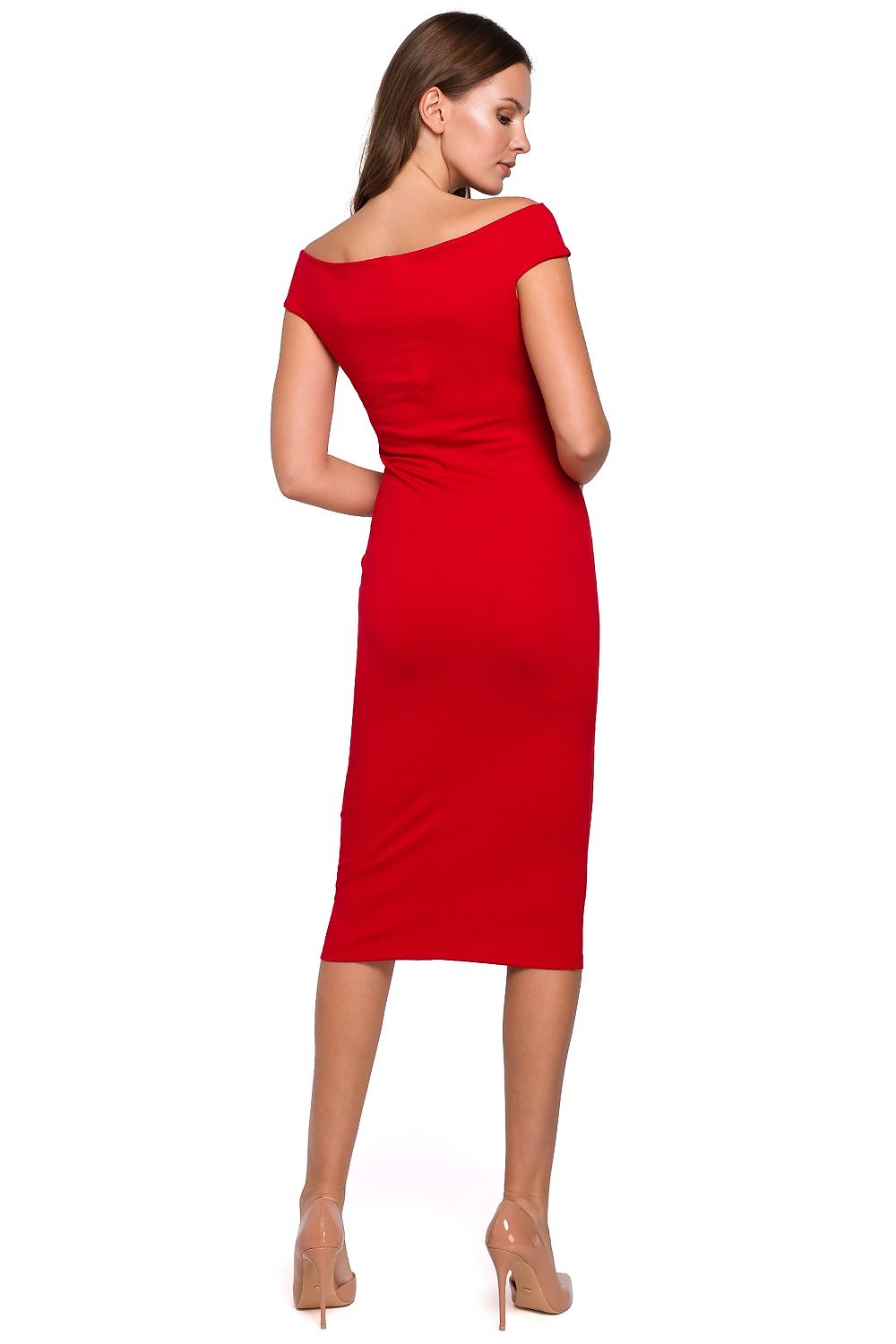 Woman wearing a red off-shoulder dress on a white background