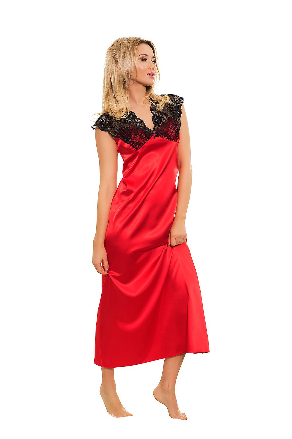 Woman wearing a red satin nightgown with black lace details on a white background
