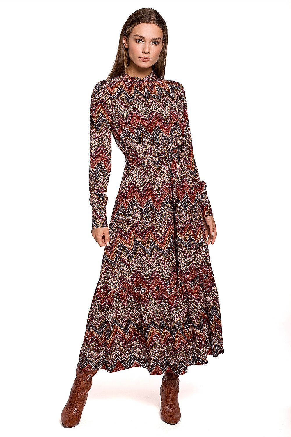  Women's full-length Brown Multi Aztec print dress with stand-up collar and ruffled hem.