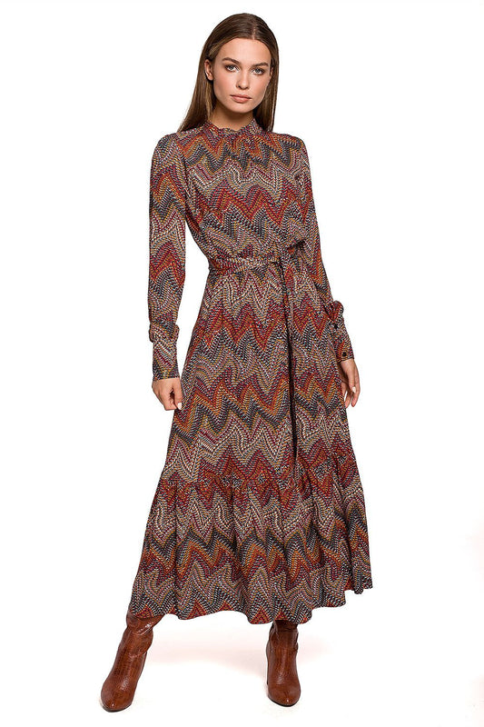  Women's full-length Brown Multi Aztec print dress with stand-up collar and ruffled hem.