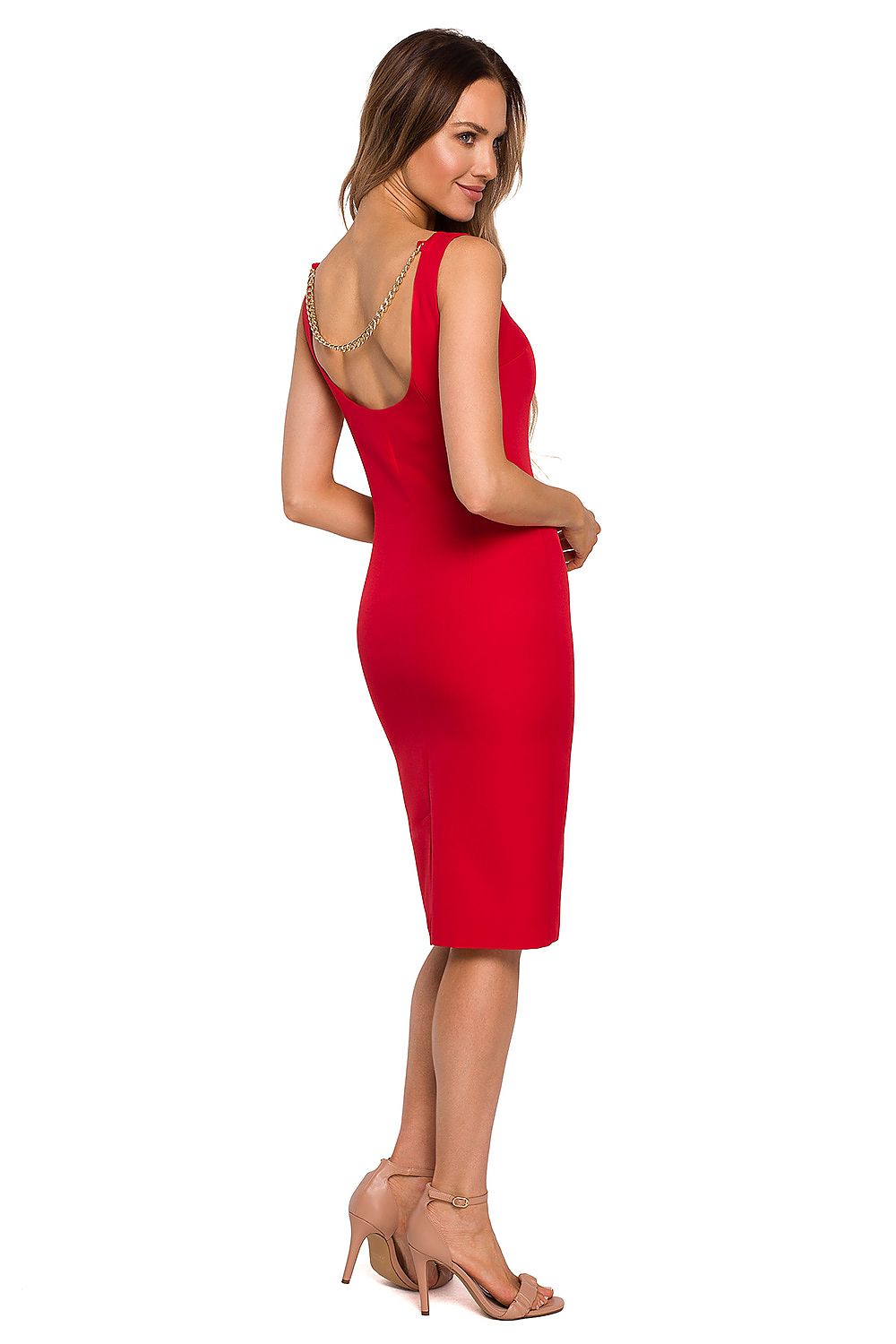 Woman wearing a red dress on a white background