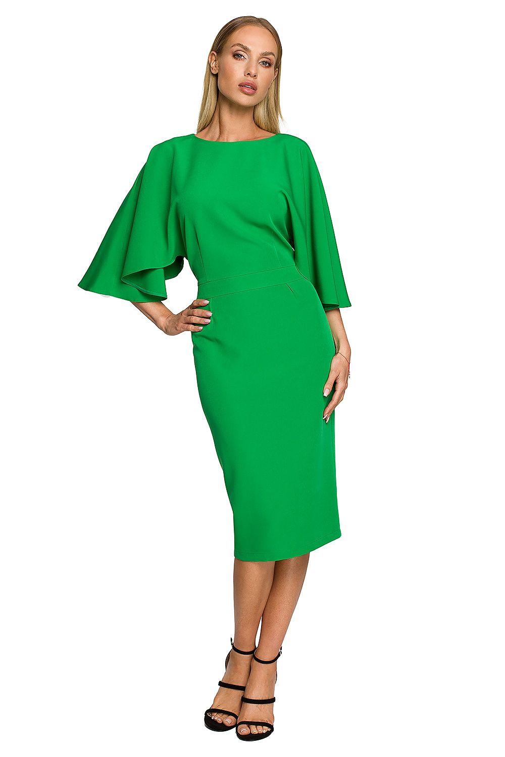  green ruffle sleeve fitted knee length dress