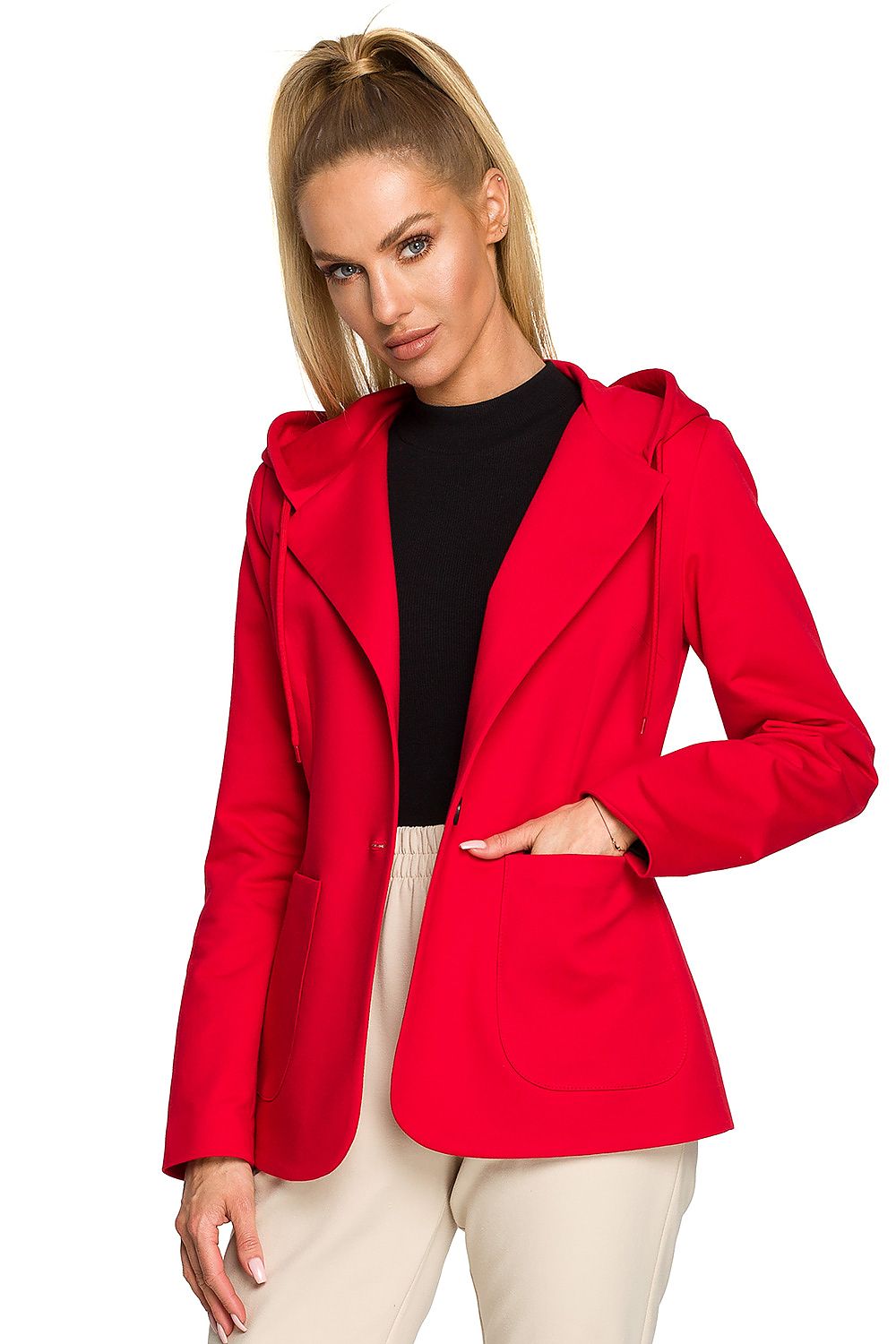 Woman wearing a red jacket on a white background