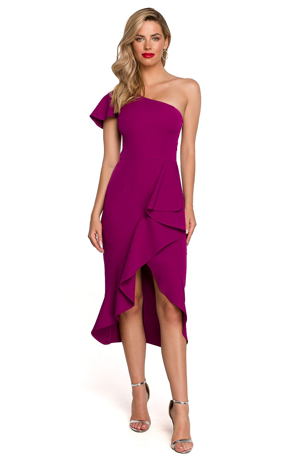 Woman wearing a purple one-shoulder dress on a white background