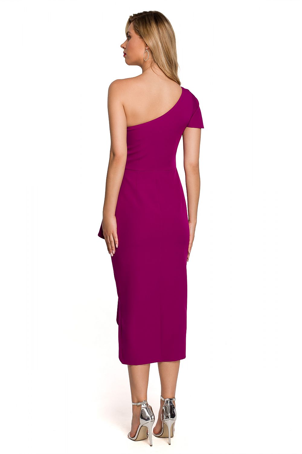Woman wearing a one-shoulder purple dress on a white background