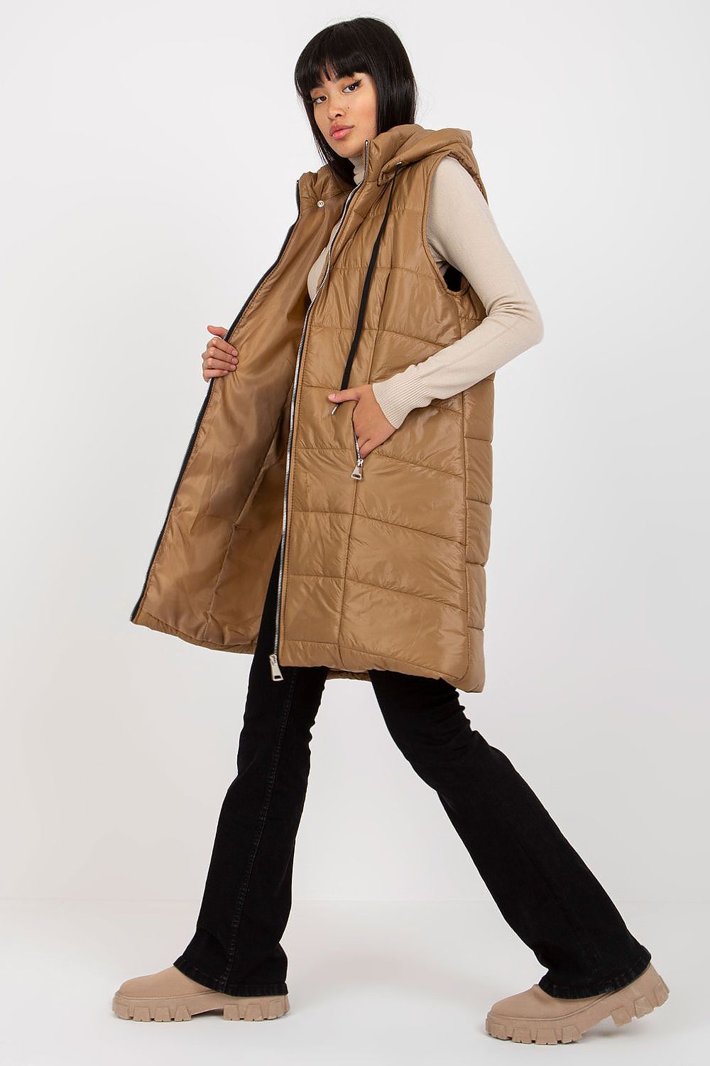  Brown long quilted puffer vest with hood and front zipper