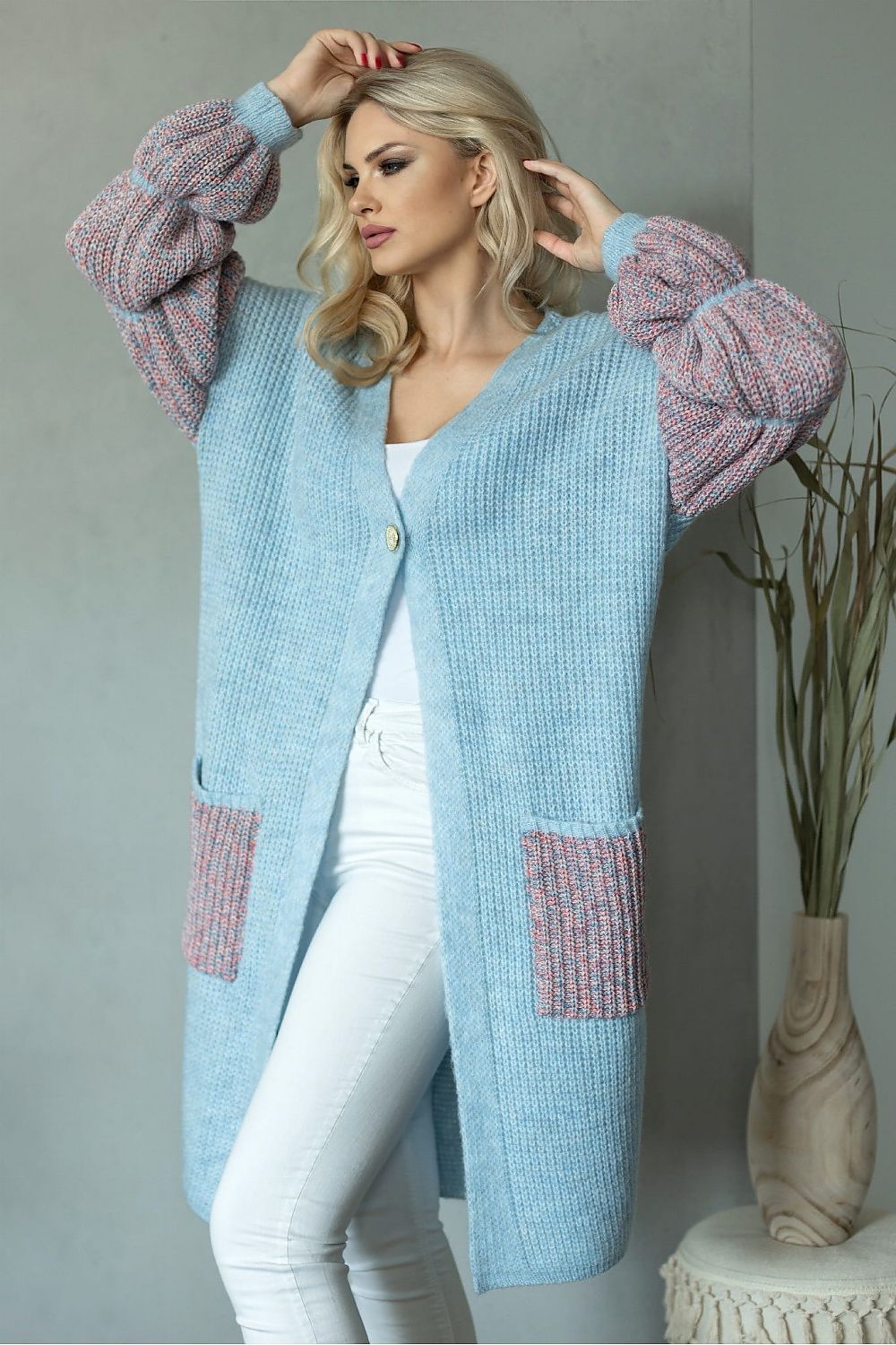  soft fluffy long sleeve cardigan with one button-blue
