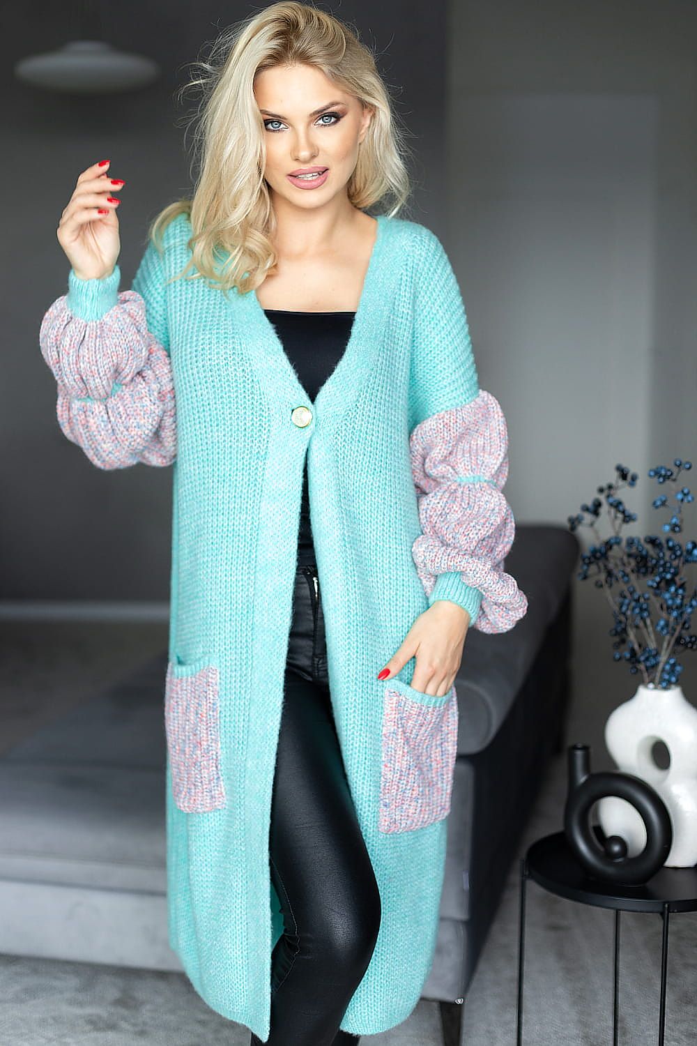  soft fluffy long sleeve cardigan with one button-aqua