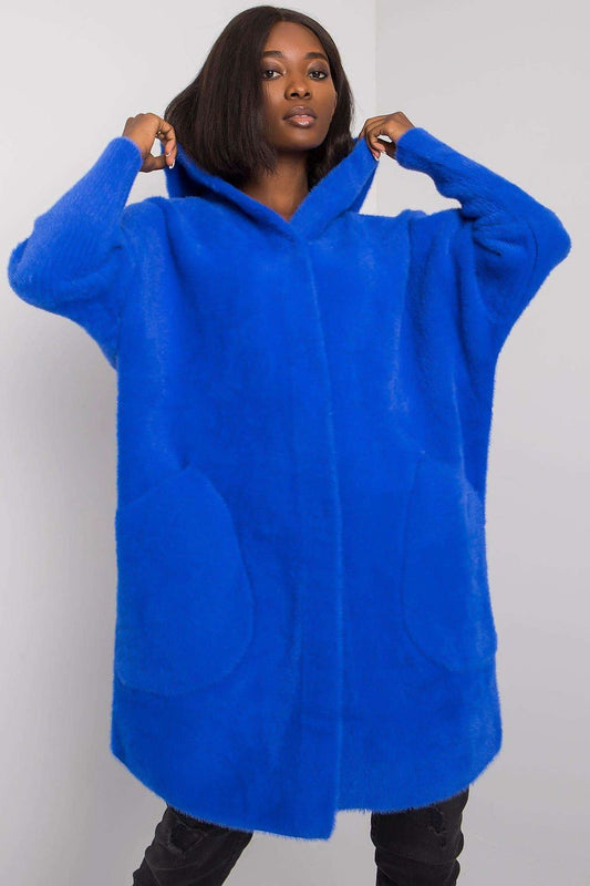 Person wearing a blue hooded coat against a white background