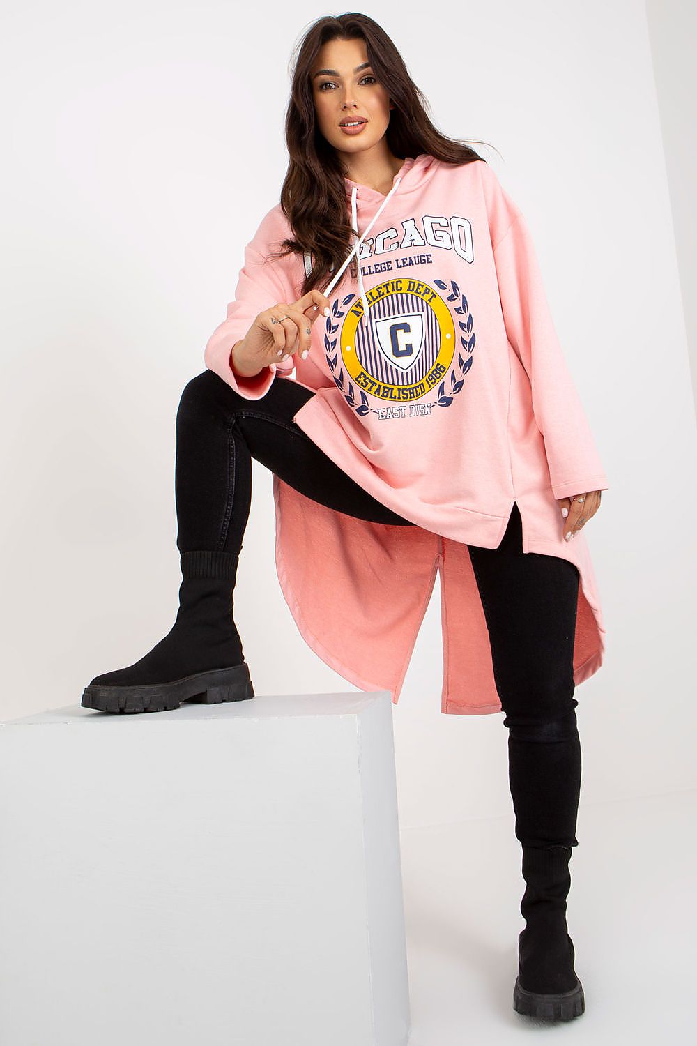  Pink asymmetrical hooded sweatshirt for women, loose casual fit