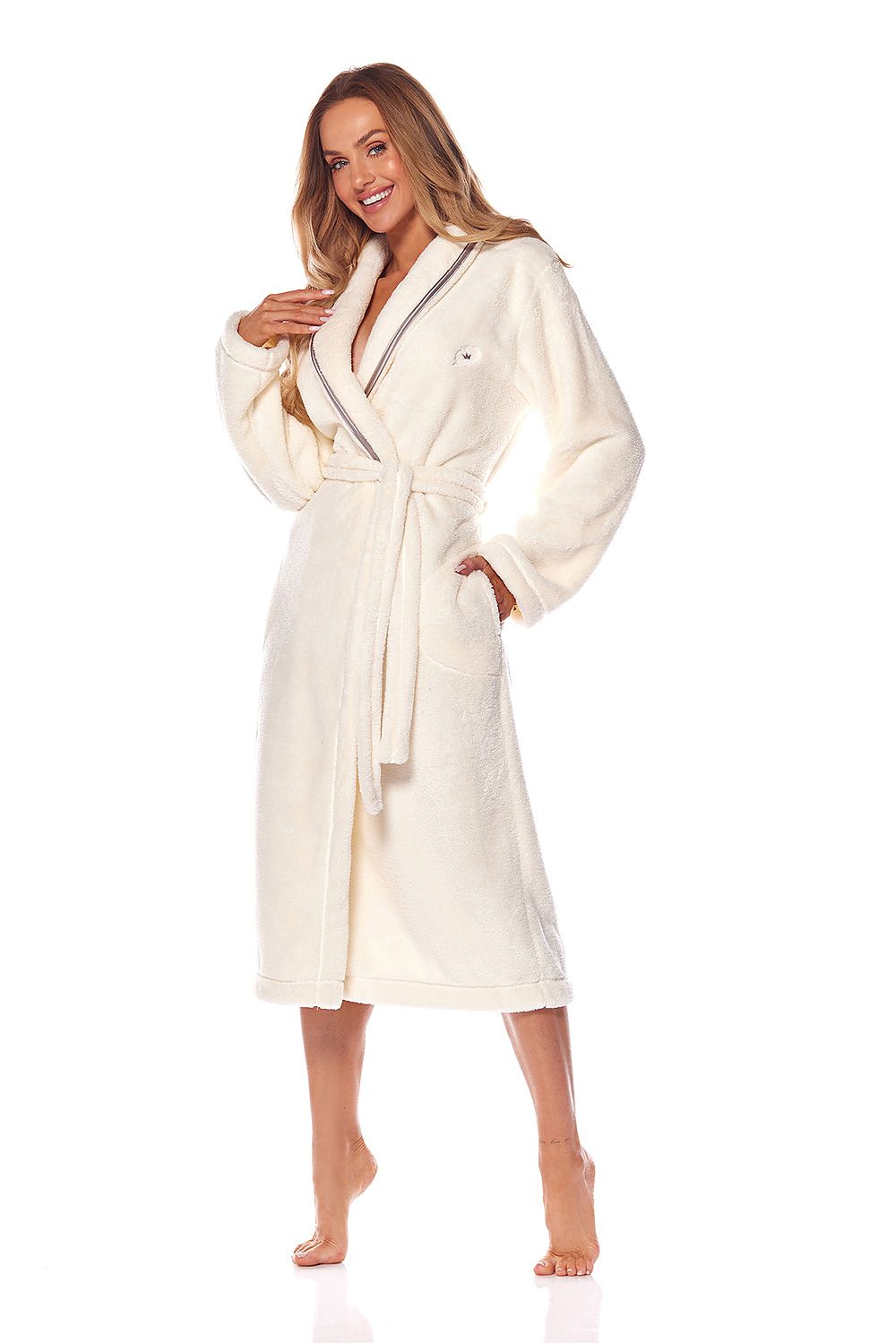  Women's beige long dressing gown styled for cosy homewear