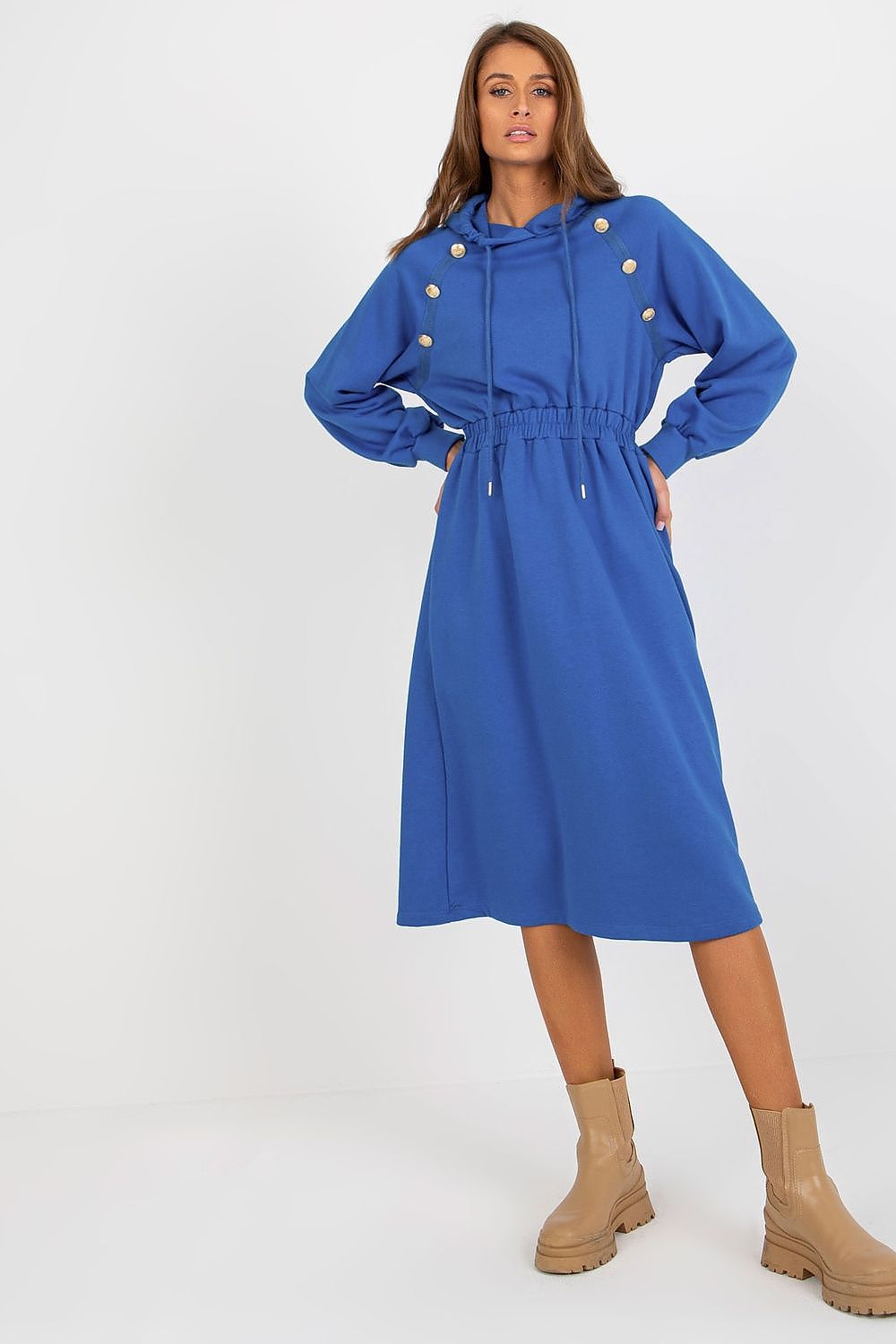  Blue sweatshirt dress with hood, elastic waist, and decorative buttons, front view