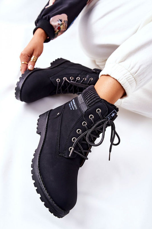 Black trapper boots in eco-leather, front view with insulated lining