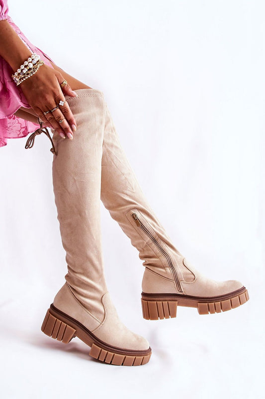 Platform Blanket Over-the-Knee Boots in Beige – Side View 2