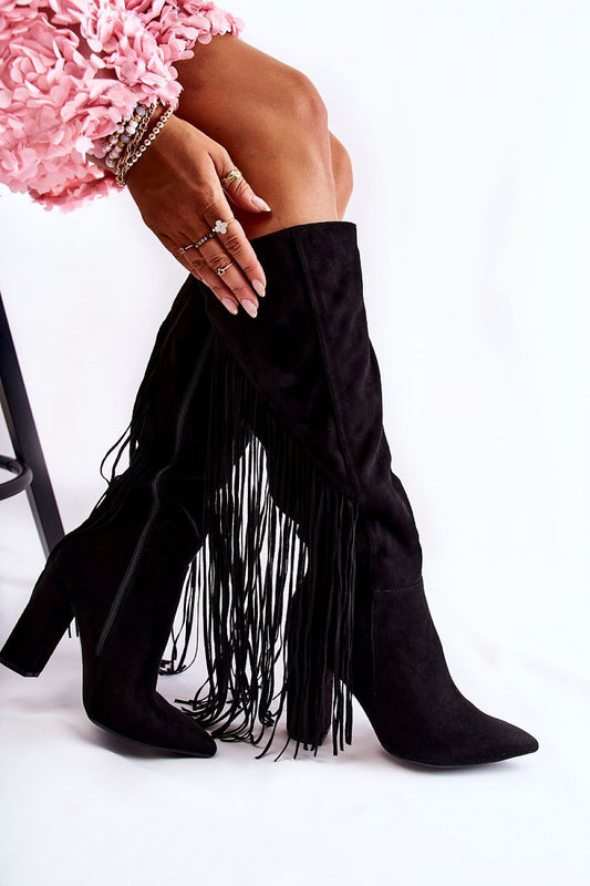 Front view – Women’s eco suede tassel boots with pointed toe and block heel.