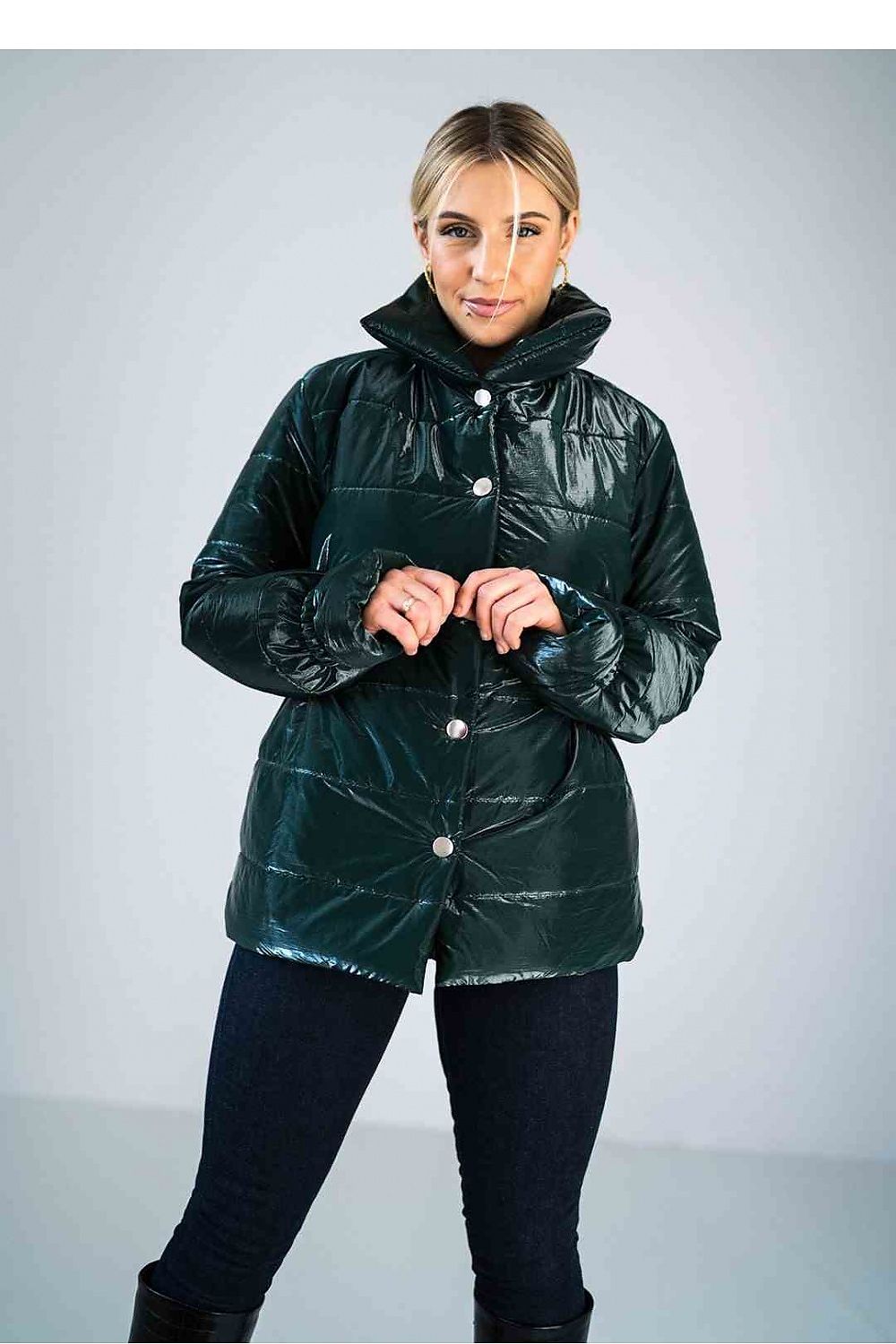 shiny navy quilted hip-length jacket with high collar and insulated lining.