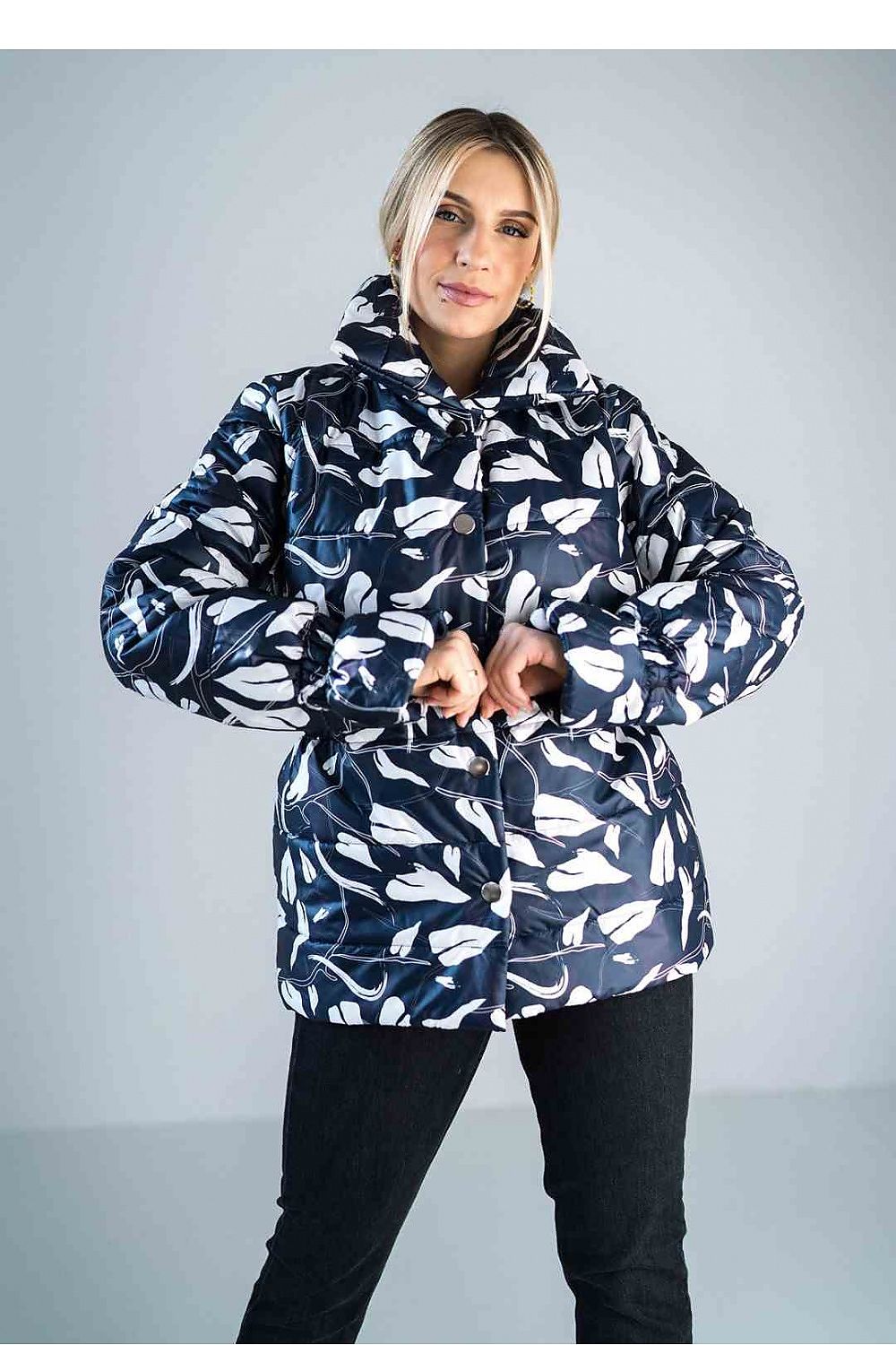 shiny navy quilted hip-length jacket with high collar and insulated lining.