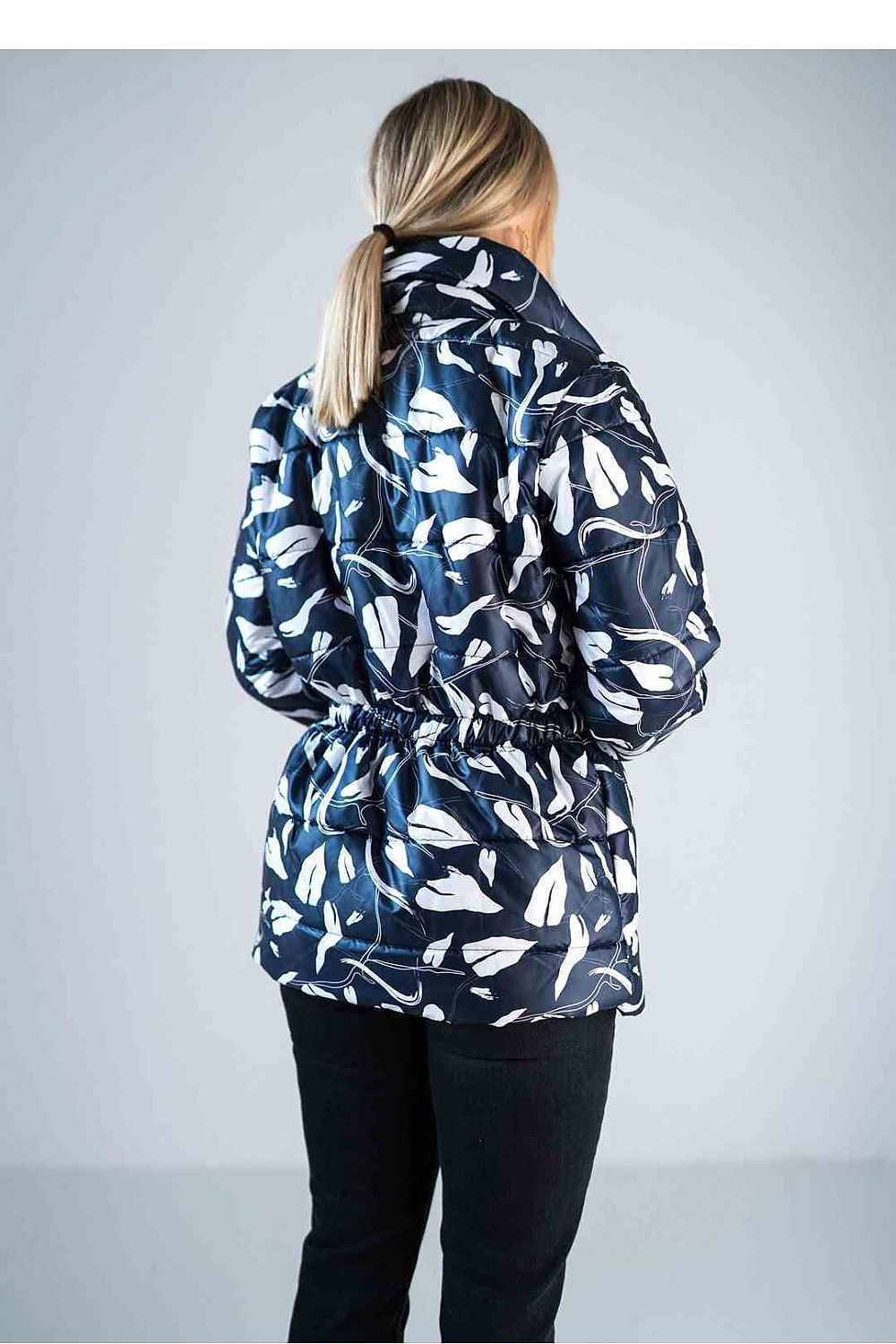 shiny navy quilted hip-length jacket with high collar and insulated lining.-3