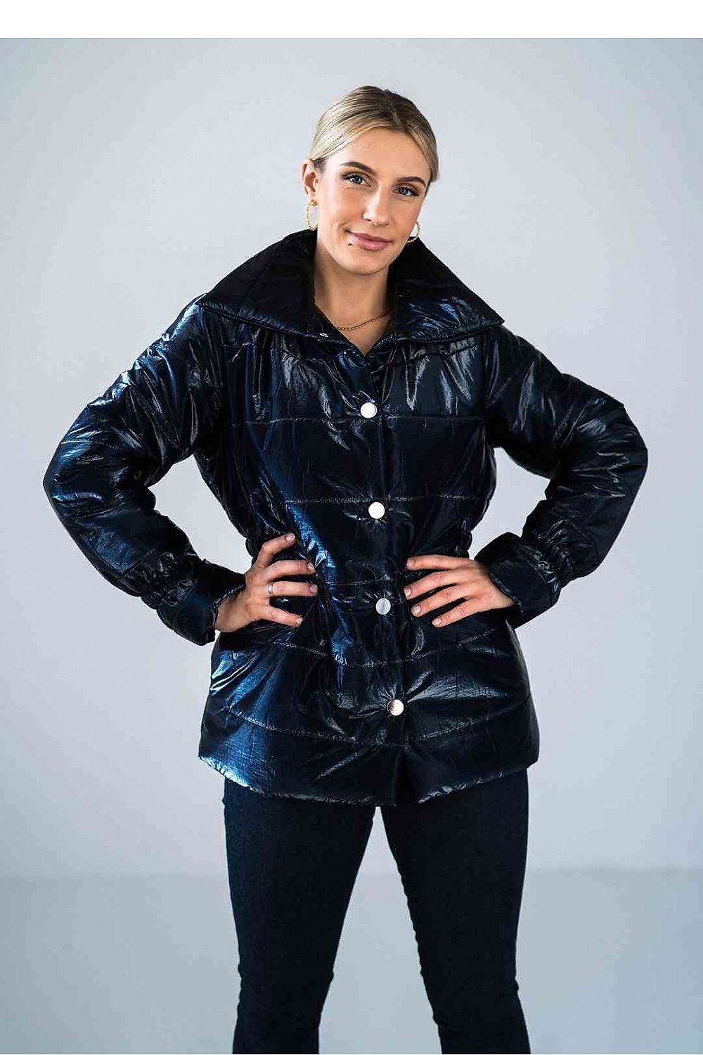  shiny navy quilted hip-length jacket with high collar and insulated lining.-4