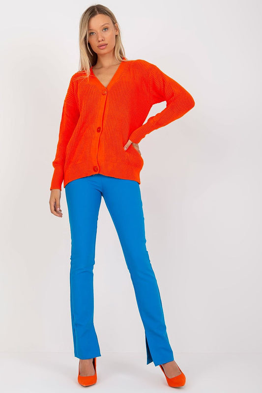 “Orange Classic Button Knit Cardigan, front view”