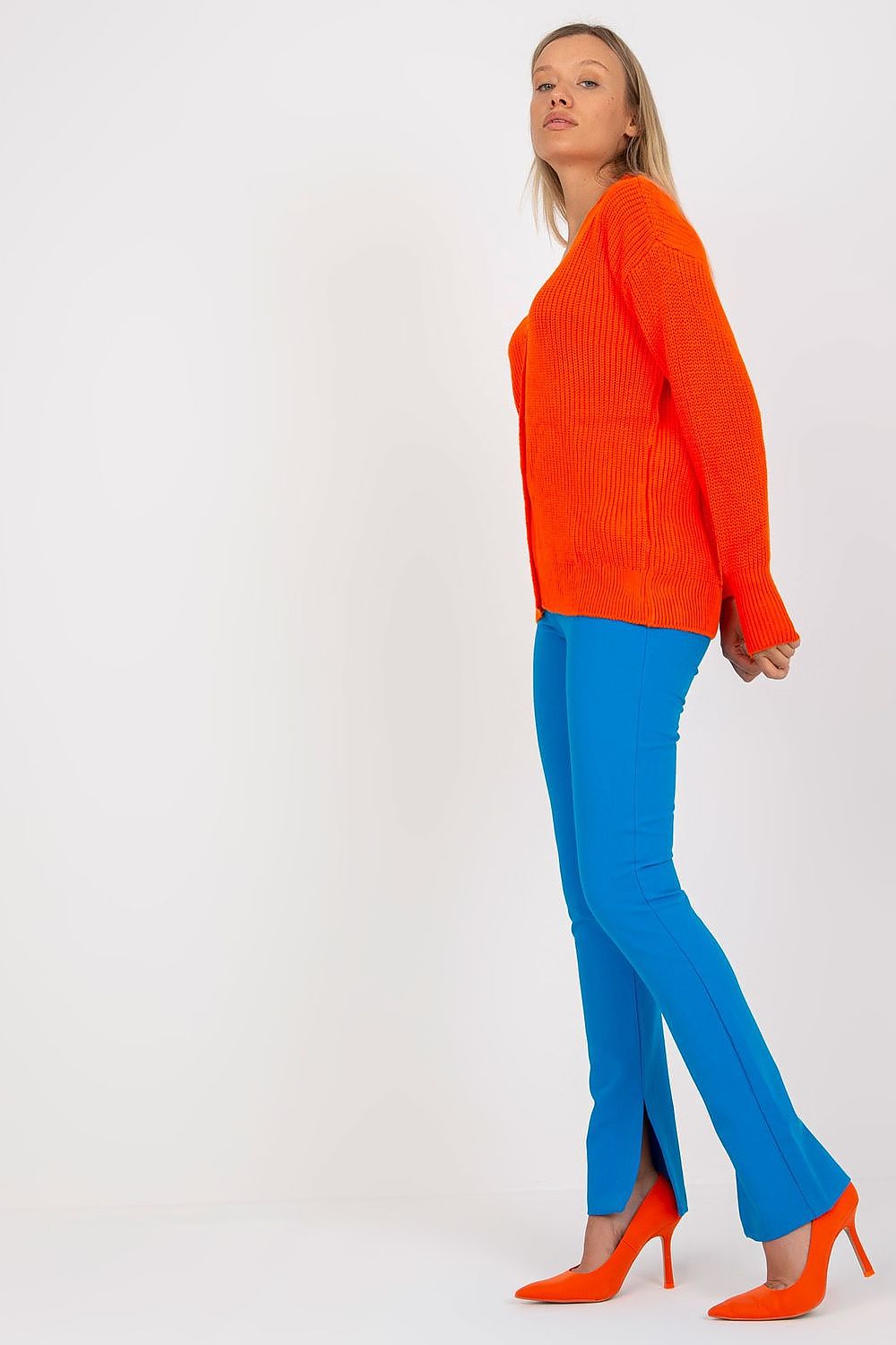  “Orange Classic Button Knit Cardigan, side view”