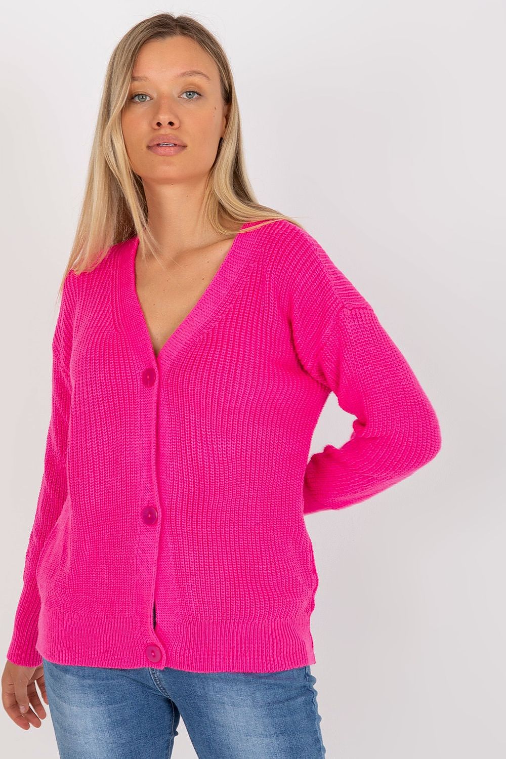 “Pink Classic Button Knit Cardigan, front view”
