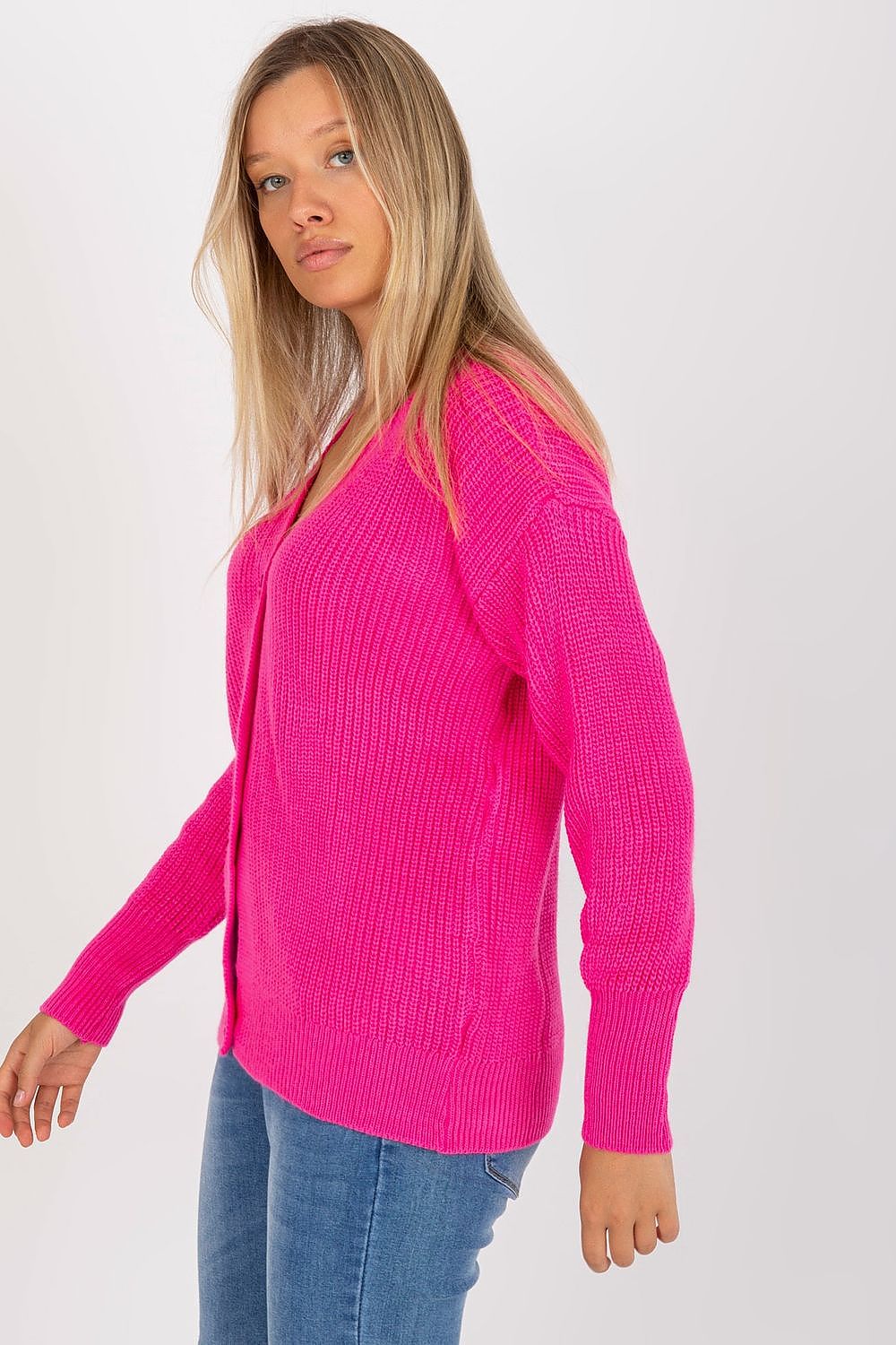 “Pink Classic Button Knit Cardigan, side view”