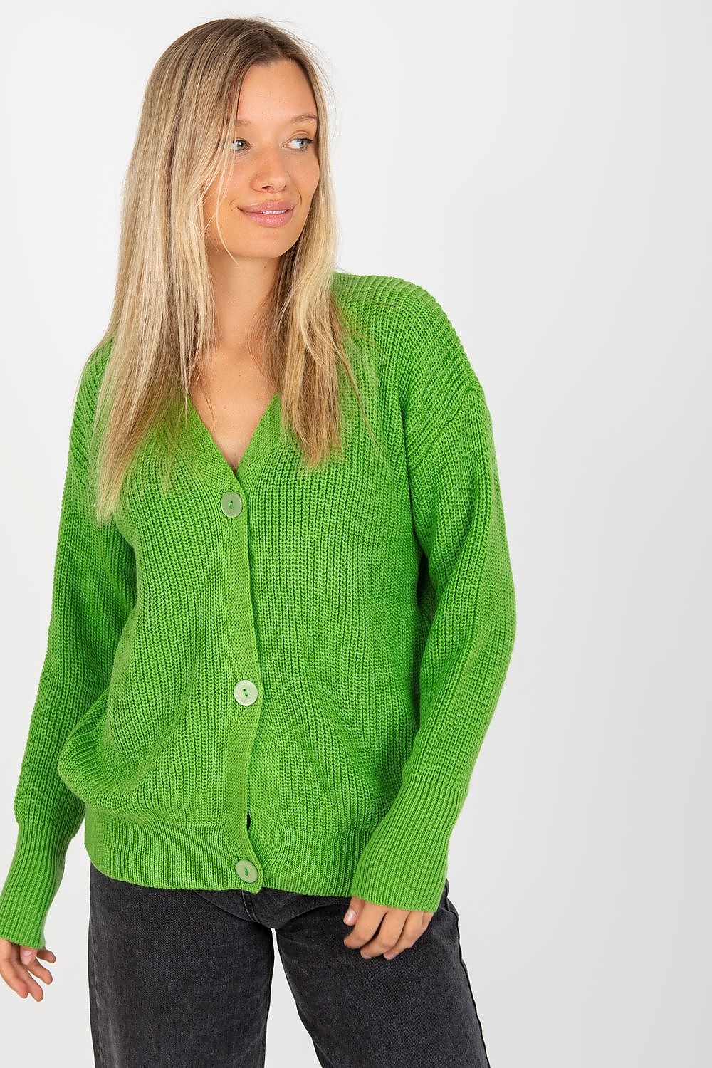 “Green Classic Button Knit Cardigan, front view”