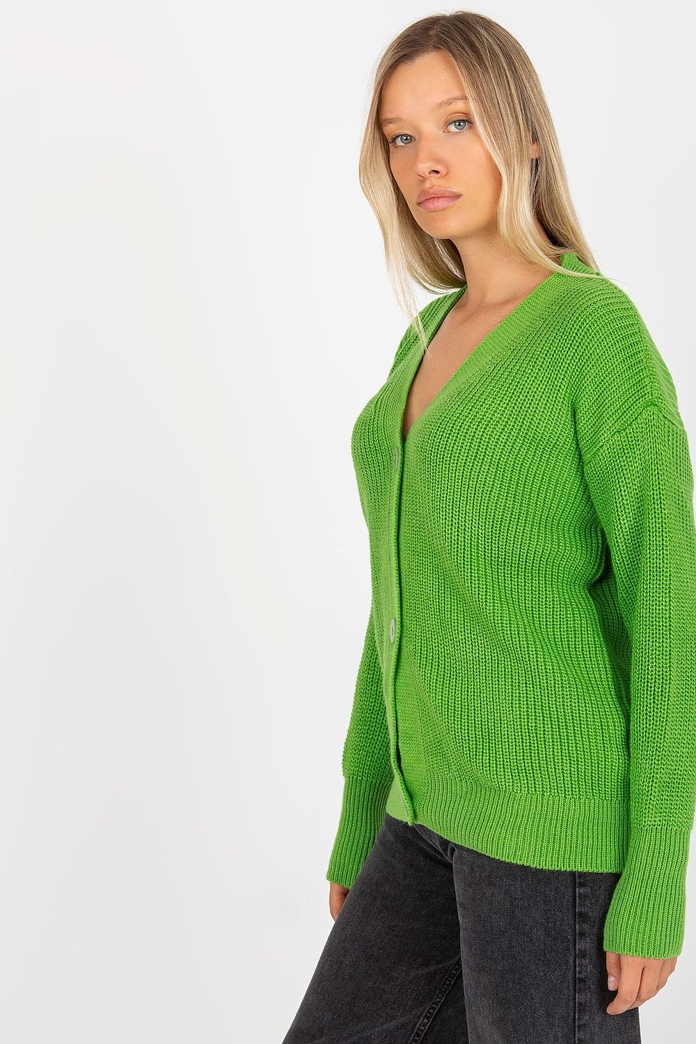 “Green Classic Button Knit Cardigan, side view”