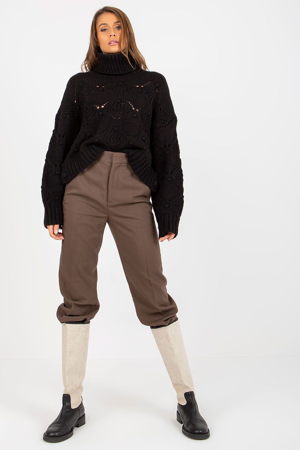  Women's black openwork turtleneck jumper with wide sleeves