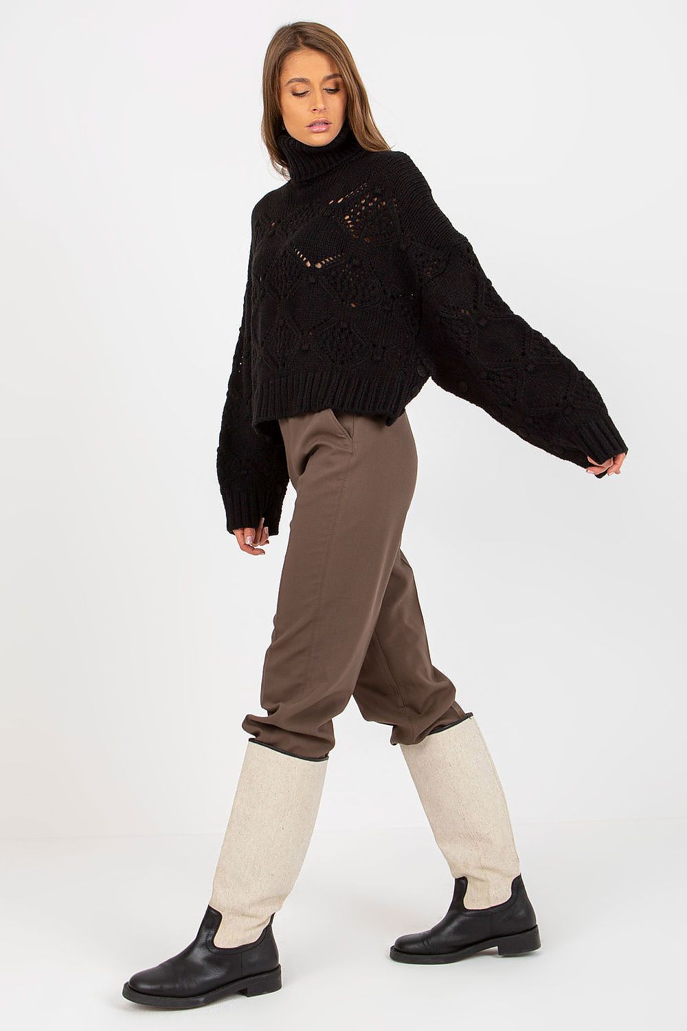 Women's black openwork turtleneck jumper with wide sleeves-sideview