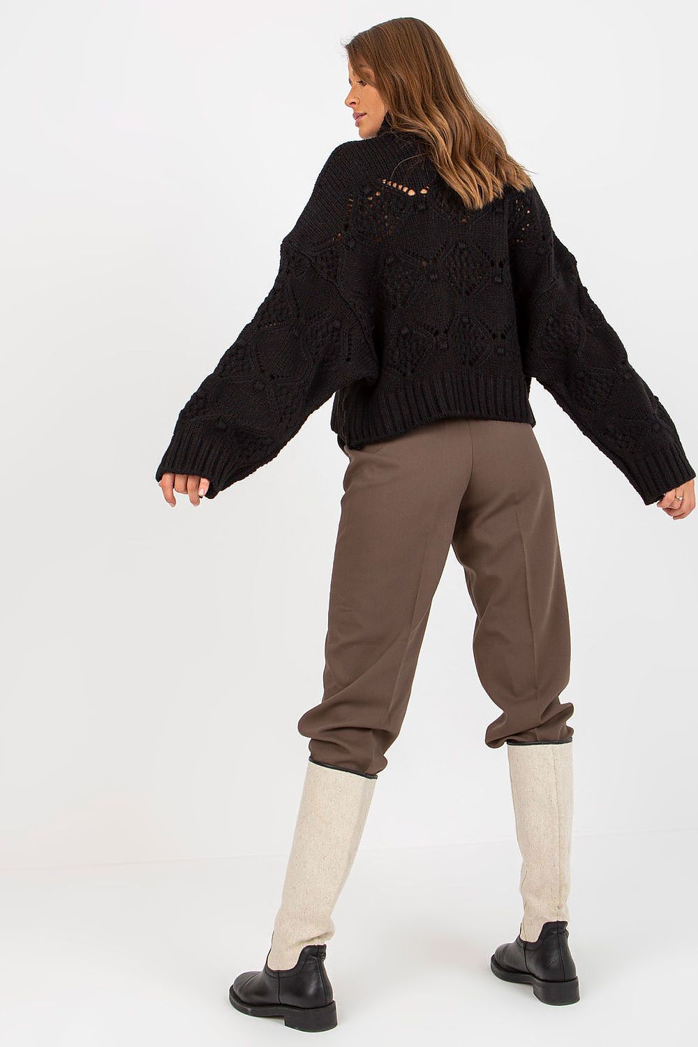 Women's black openwork turtleneck jumper with wide sleeves-rear view