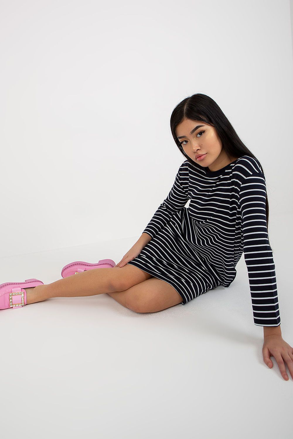 “Navy Blue Stripes & Ease Pocket Dress, standalone image”