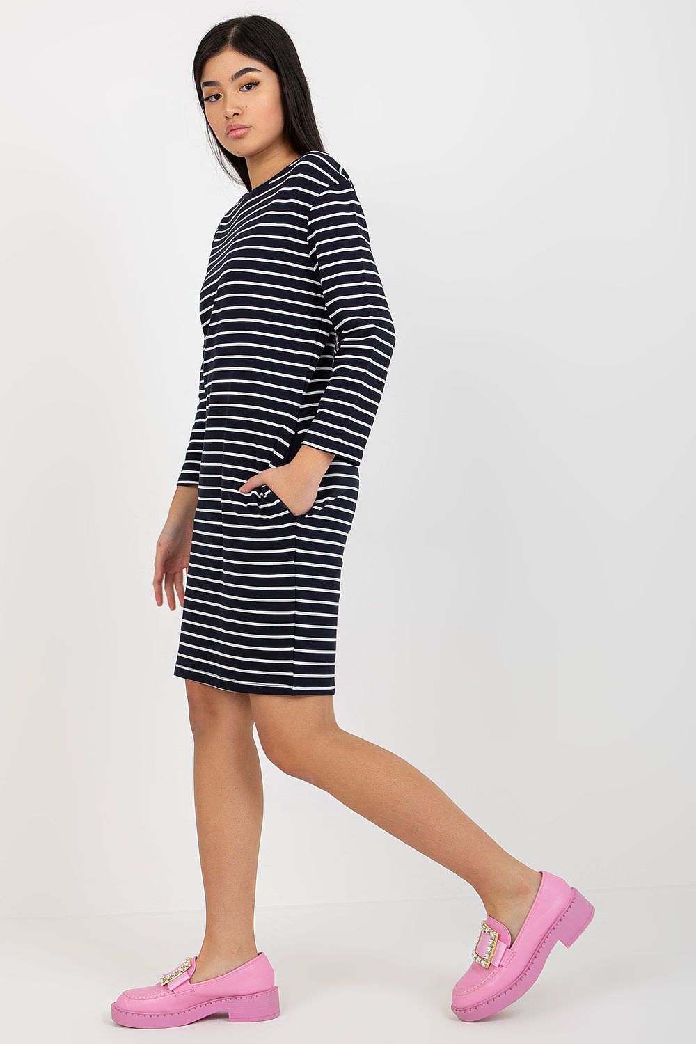 “Navy Blue Stripes & Ease Pocket Dress, side view”