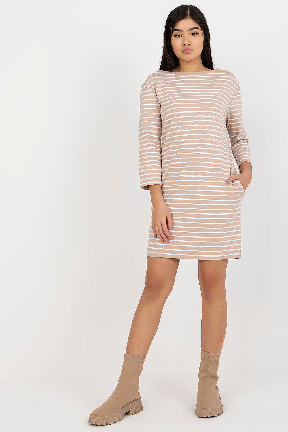 “Beige Stripes & Ease Pocket Dress, front view”
